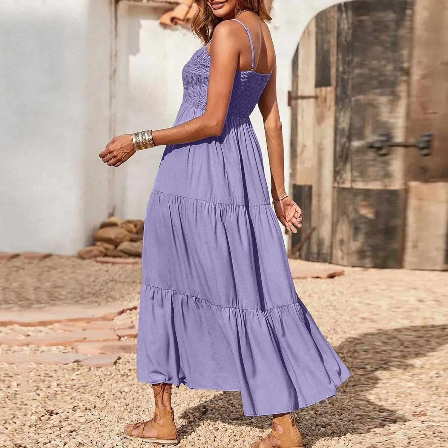 Women's Summer Maxi Dress 2025 Casual Boho Beach Long Dresses Sleeveless Spaghetti Strap Smocked Tiered Sundresses