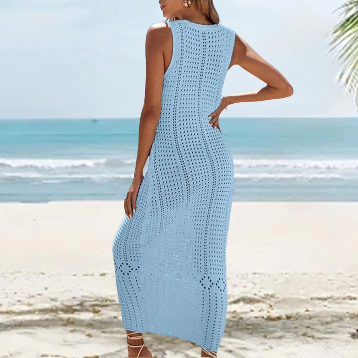 Womens Summer Maxi Dress Casual V Neck Sleeveless Hollow Out Strap Dresses Slim Fit Tunic Cover Up Beach Sundress