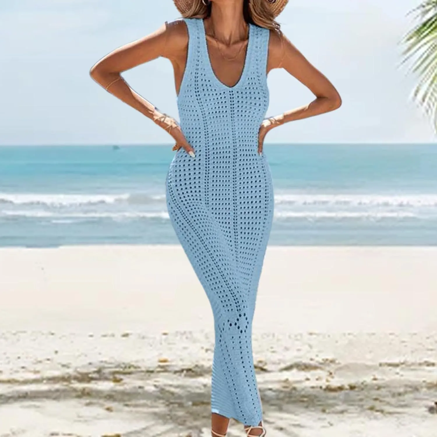 Womens Summer Maxi Dress Casual V Neck Sleeveless Hollow Out Strap Dresses Slim Fit Tunic Cover Up Beach Sundress