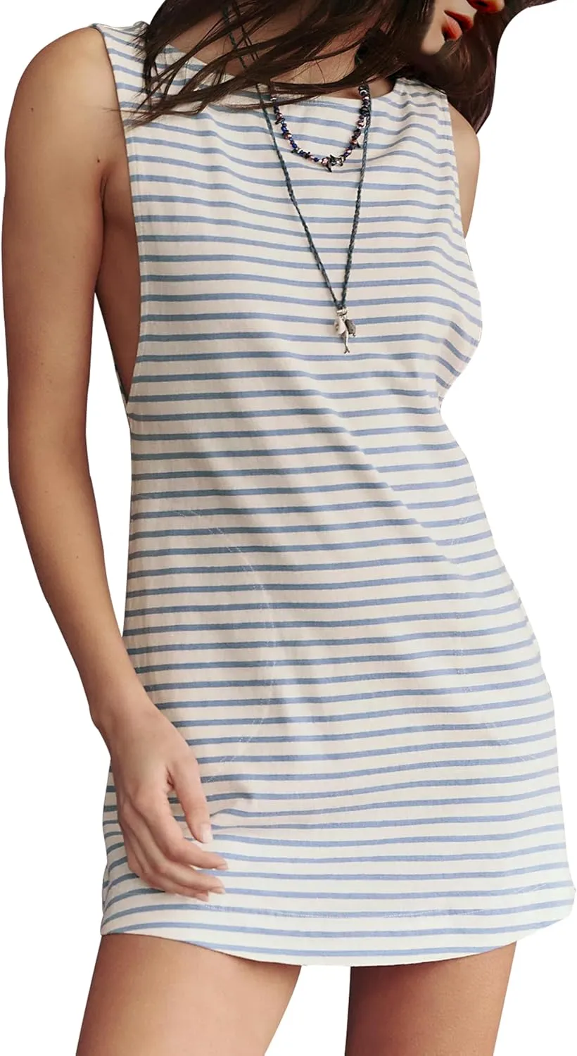 Women's Summer Mini Dress 2025 Striped Sleeveless Sundress Boat Neck Vacation Dress with Pockets