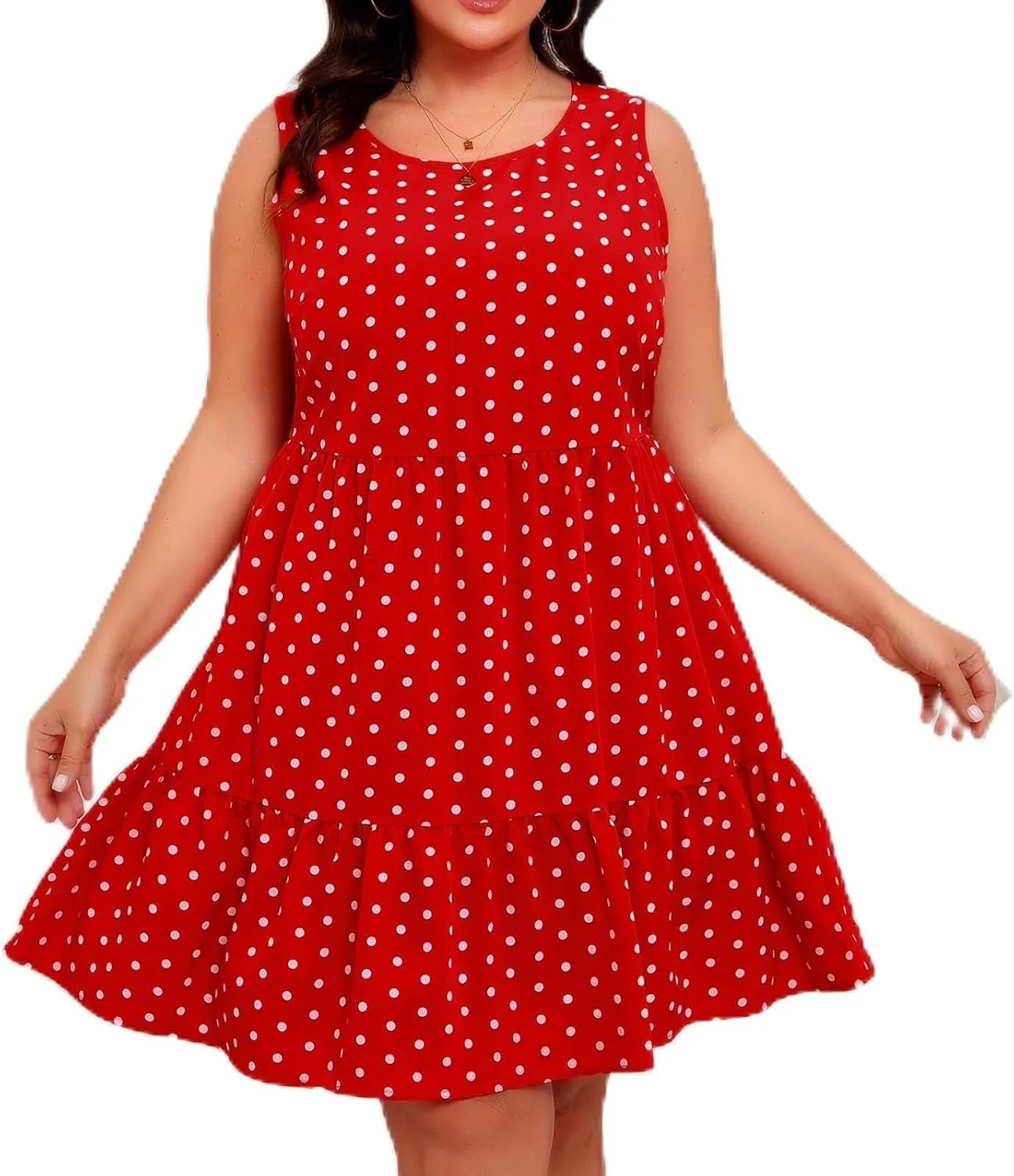 Women's Summer Plus Size Swing Dress, Sleeveless Crewneck Casual Dresses Fashion Polka Dot Porm Party Trendy Clothes