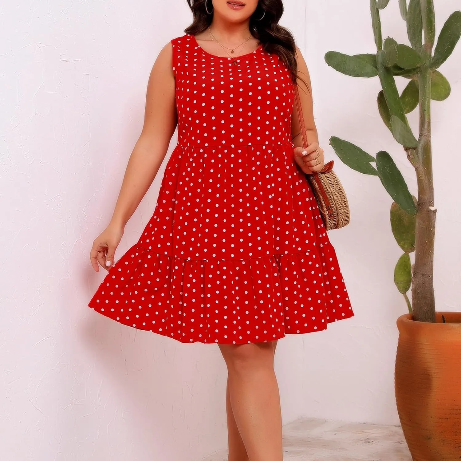 Women's Summer Plus Size Swing Dress, Sleeveless Crewneck Casual Dresses Fashion Polka Dot Porm Party Trendy Clothes