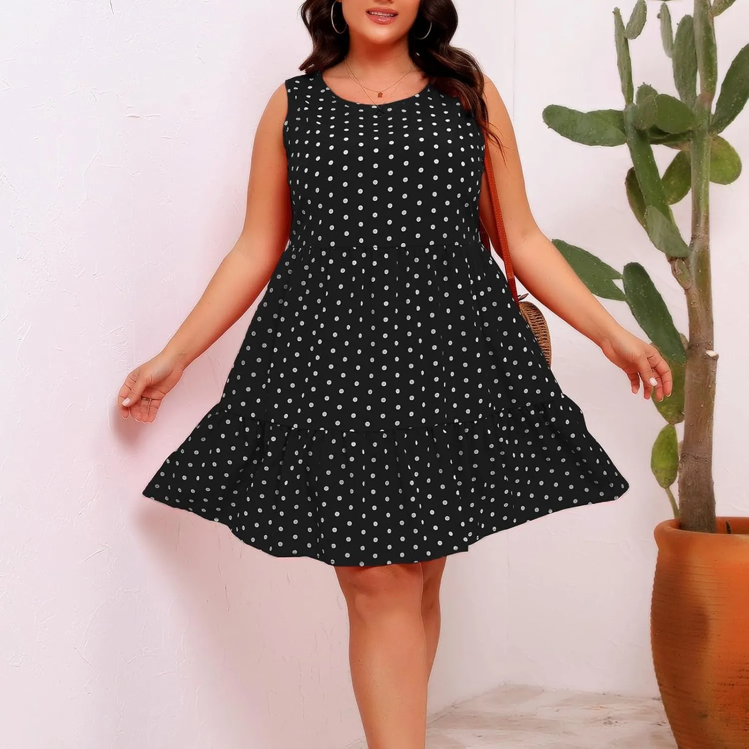 Women's Summer Plus Size Swing Dress, Sleeveless Crewneck Casual Dresses Fashion Polka Dot Porm Party Trendy Clothes