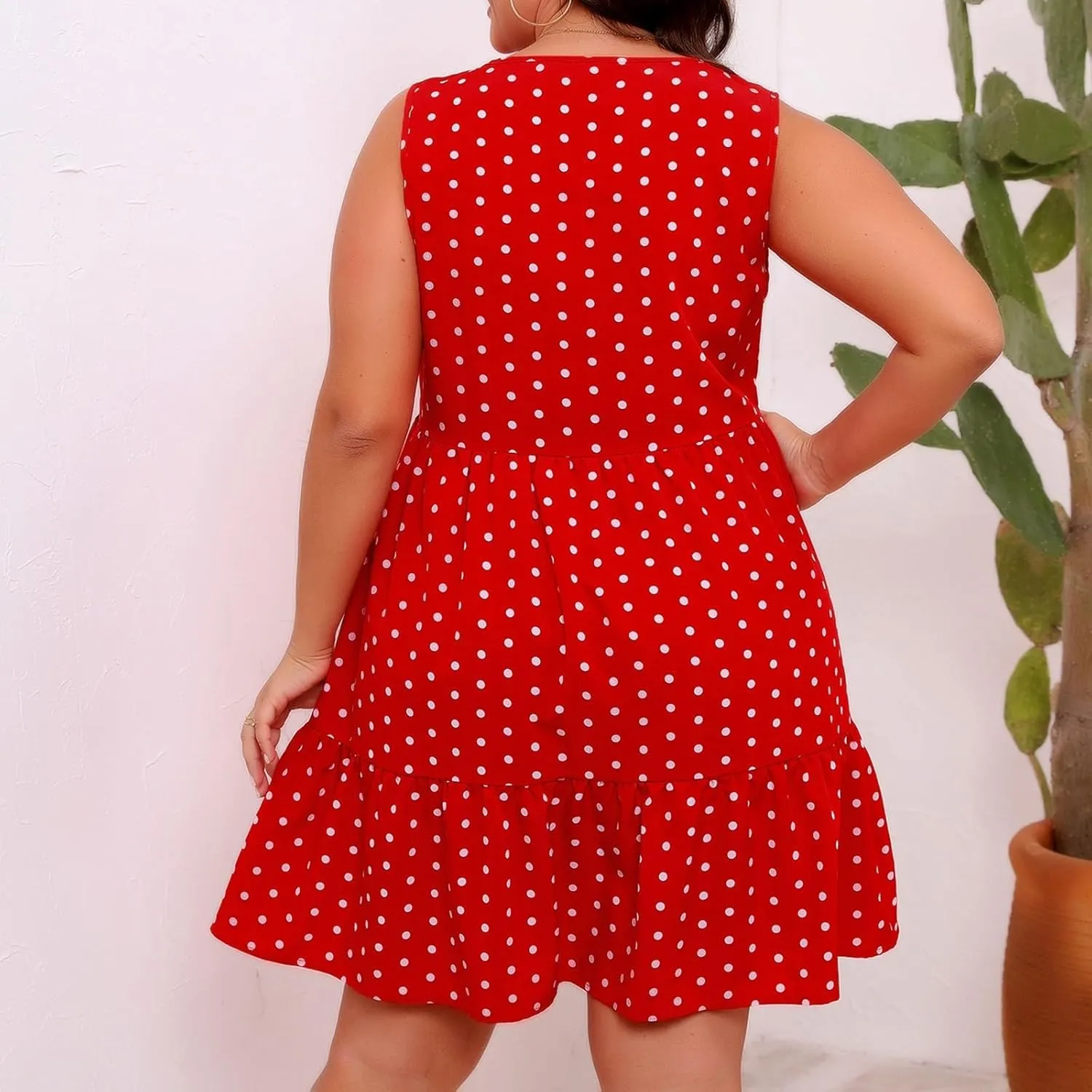 Women's Summer Plus Size Swing Dress, Sleeveless Crewneck Casual Dresses Fashion Polka Dot Porm Party Trendy Clothes