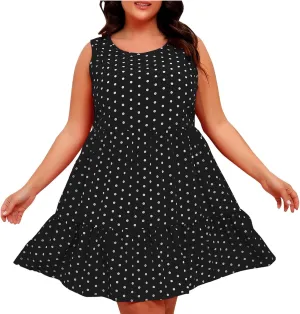 Women's Summer Plus Size Swing Dress, Sleeveless Crewneck Casual Dresses Fashion Polka Dot Porm Party Trendy Clothes