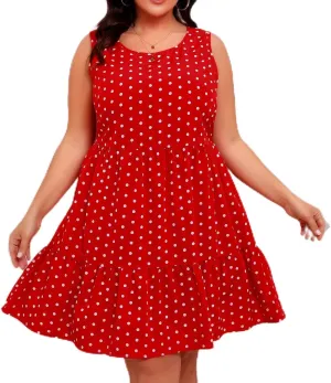 Women's Summer Plus Size Swing Dress, Sleeveless Crewneck Casual Dresses Fashion Polka Dot Porm Party Trendy Clothes