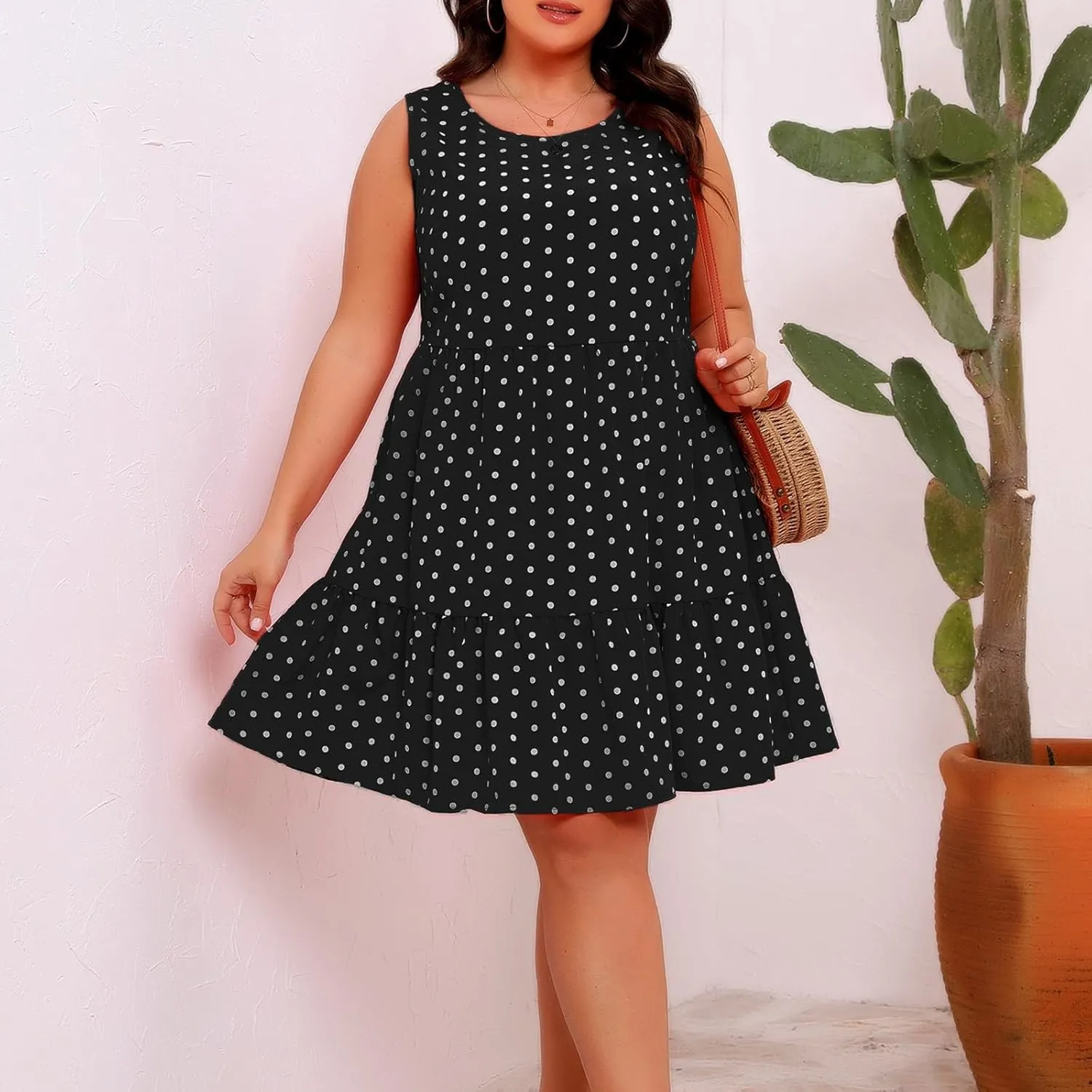 Women's Summer Plus Size Swing Dress, Sleeveless Crewneck Casual Dresses Fashion Polka Dot Porm Party Trendy Clothes