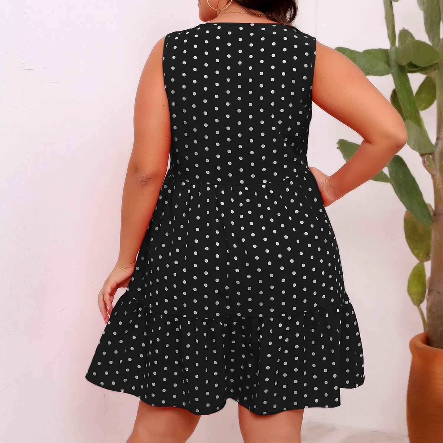 Women's Summer Plus Size Swing Dress, Sleeveless Crewneck Casual Dresses Fashion Polka Dot Porm Party Trendy Clothes