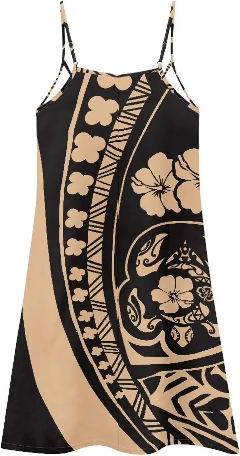 Women's Summer Polynesian Hawaiian Island Maxi Dress Ethnic Spaghetti Strap Beach Dress Flowy Swing Long Sundress