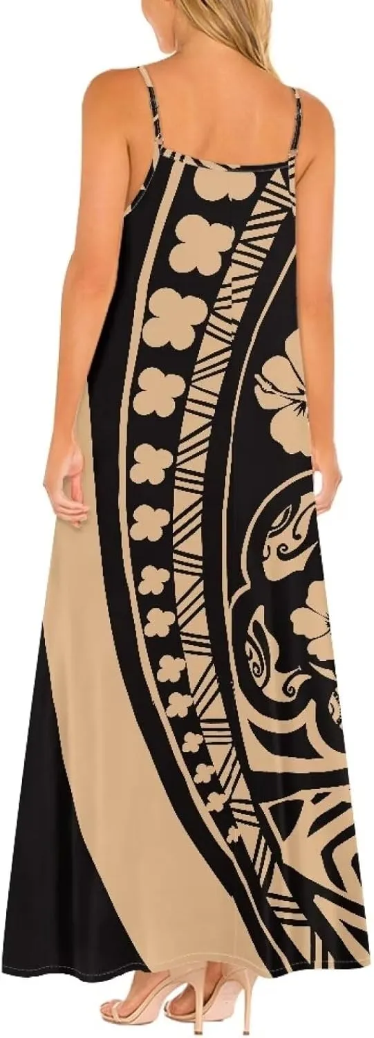 Women's Summer Polynesian Hawaiian Island Maxi Dress Ethnic Spaghetti Strap Beach Dress Flowy Swing Long Sundress