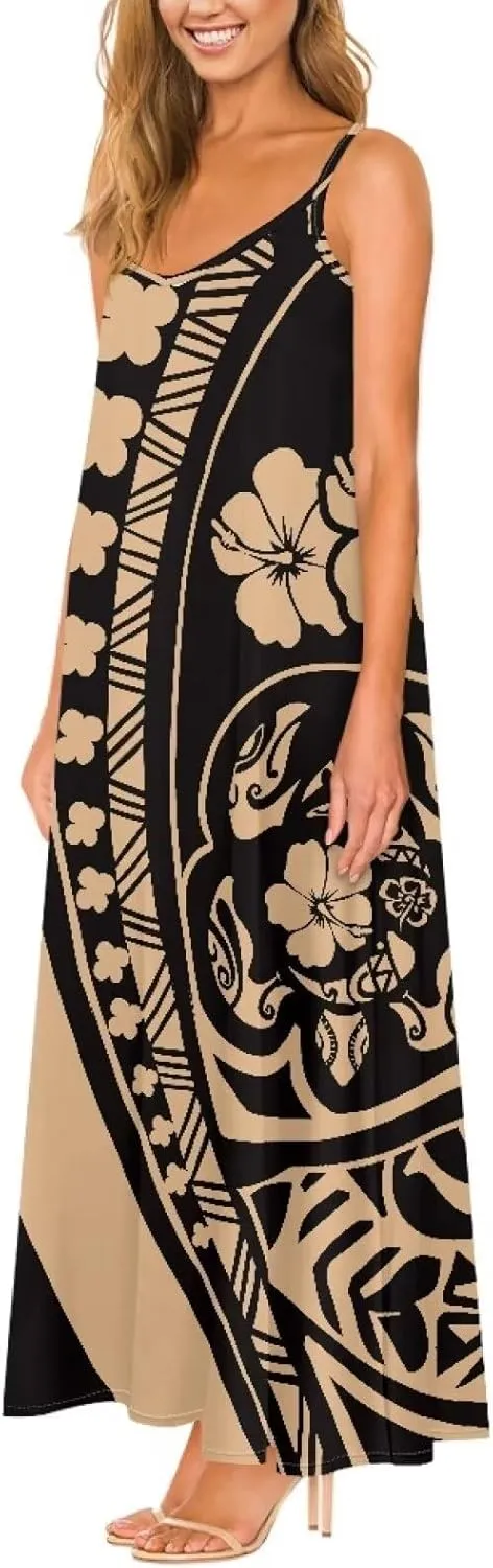 Women's Summer Polynesian Hawaiian Island Maxi Dress Ethnic Spaghetti Strap Beach Dress Flowy Swing Long Sundress
