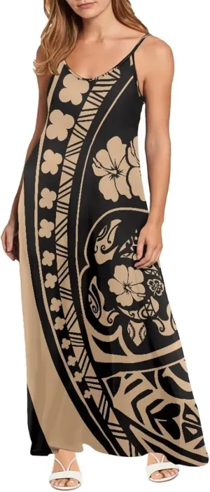 Women's Summer Polynesian Hawaiian Island Maxi Dress Ethnic Spaghetti Strap Beach Dress Flowy Swing Long Sundress