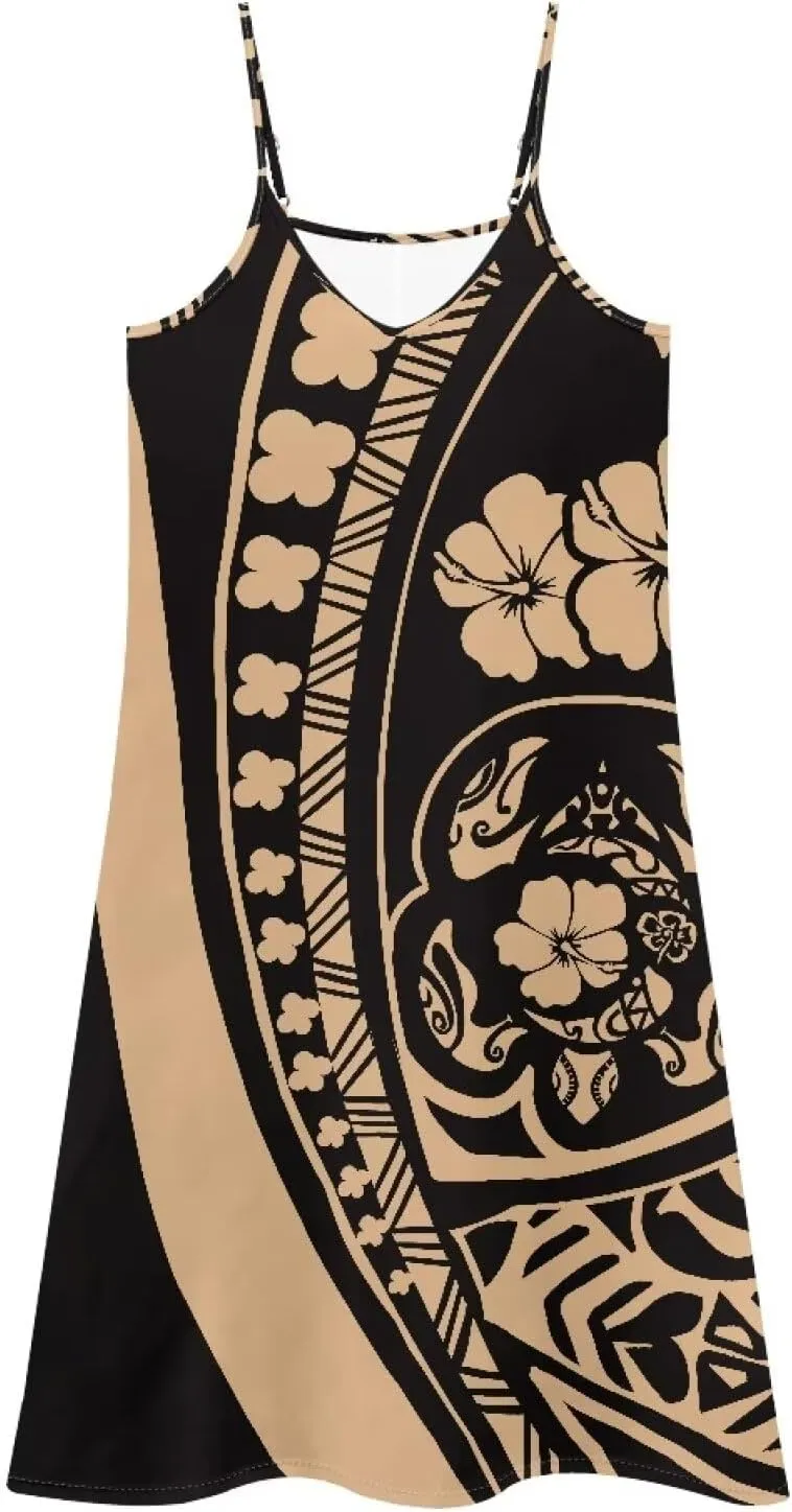 Women's Summer Polynesian Hawaiian Island Maxi Dress Ethnic Spaghetti Strap Beach Dress Flowy Swing Long Sundress