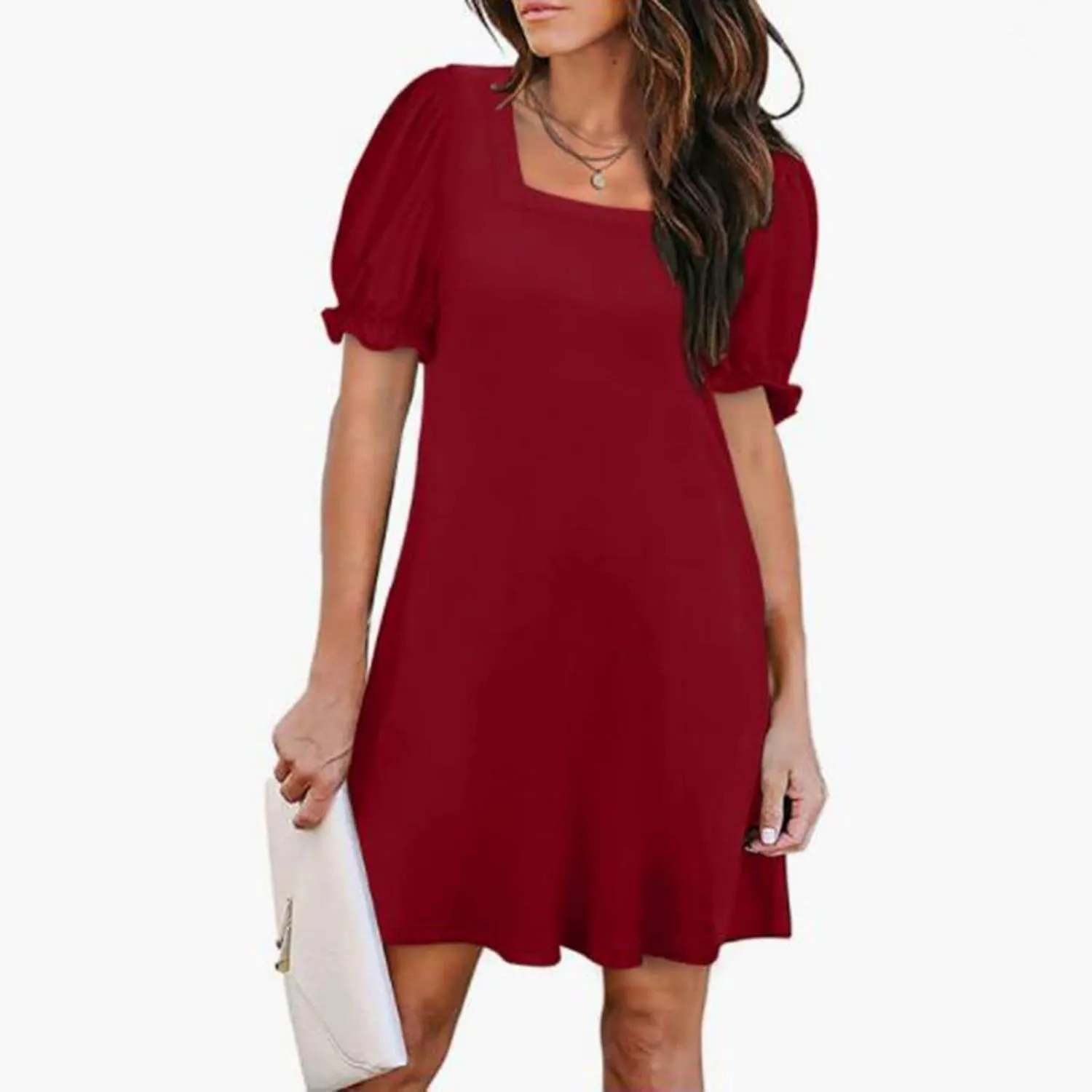 Womens Summer Puff Sleeve Mini Dress Square Neck Ruffle Short Sleeve Dresses Solid A Line Casual Swing Midi Dress