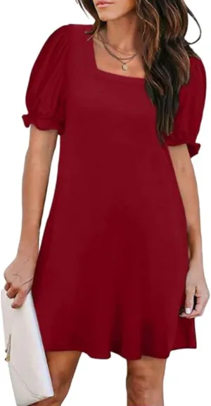 Womens Summer Puff Sleeve Mini Dress Square Neck Ruffle Short Sleeve Dresses Solid A Line Casual Swing Midi Dress
