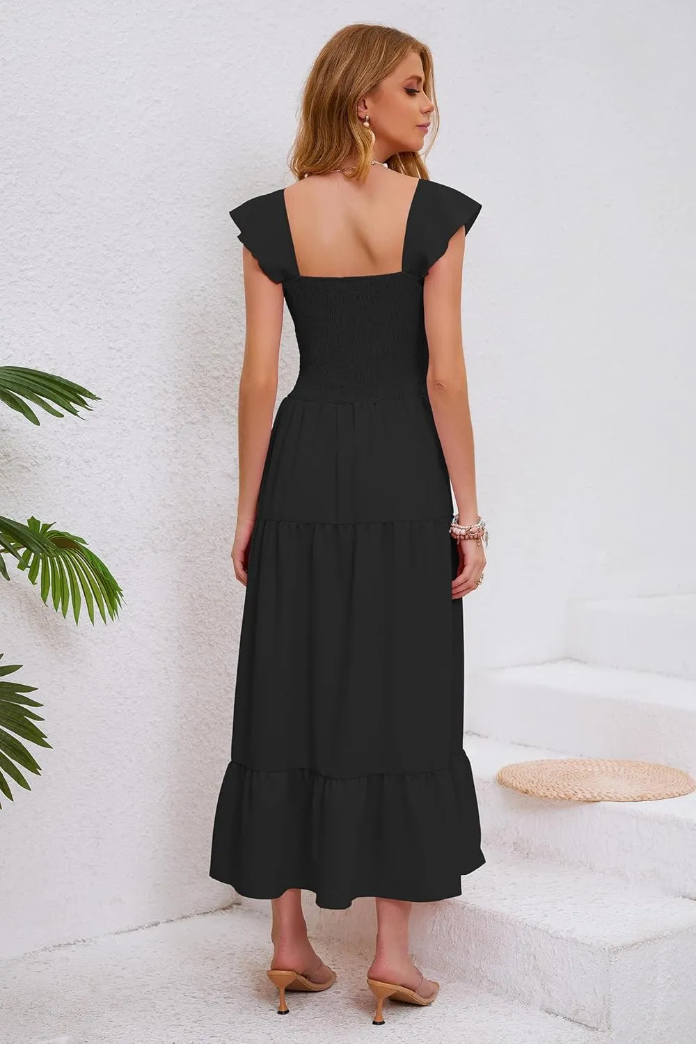 Women's Summer Sleeveless Ruffle Dresses 2024 Square Neck Smocked Backless Boho Flowy Beach A-Line Maxi Sundress