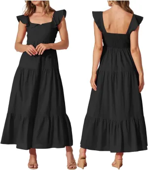 Women's Summer Sleeveless Ruffle Dresses 2024 Square Neck Smocked Backless Boho Flowy Beach A-Line Maxi Sundress