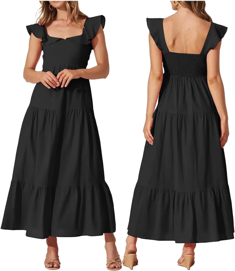 Women's Summer Sleeveless Ruffle Dresses 2024 Square Neck Smocked Backless Boho Flowy Beach A-Line Maxi Sundress