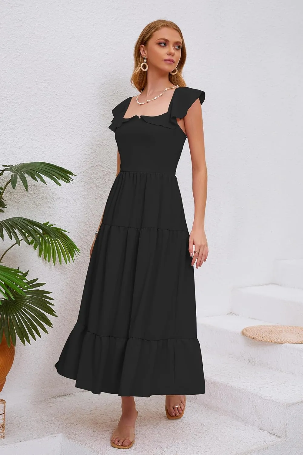Women's Summer Sleeveless Ruffle Dresses 2024 Square Neck Smocked Backless Boho Flowy Beach A-Line Maxi Sundress