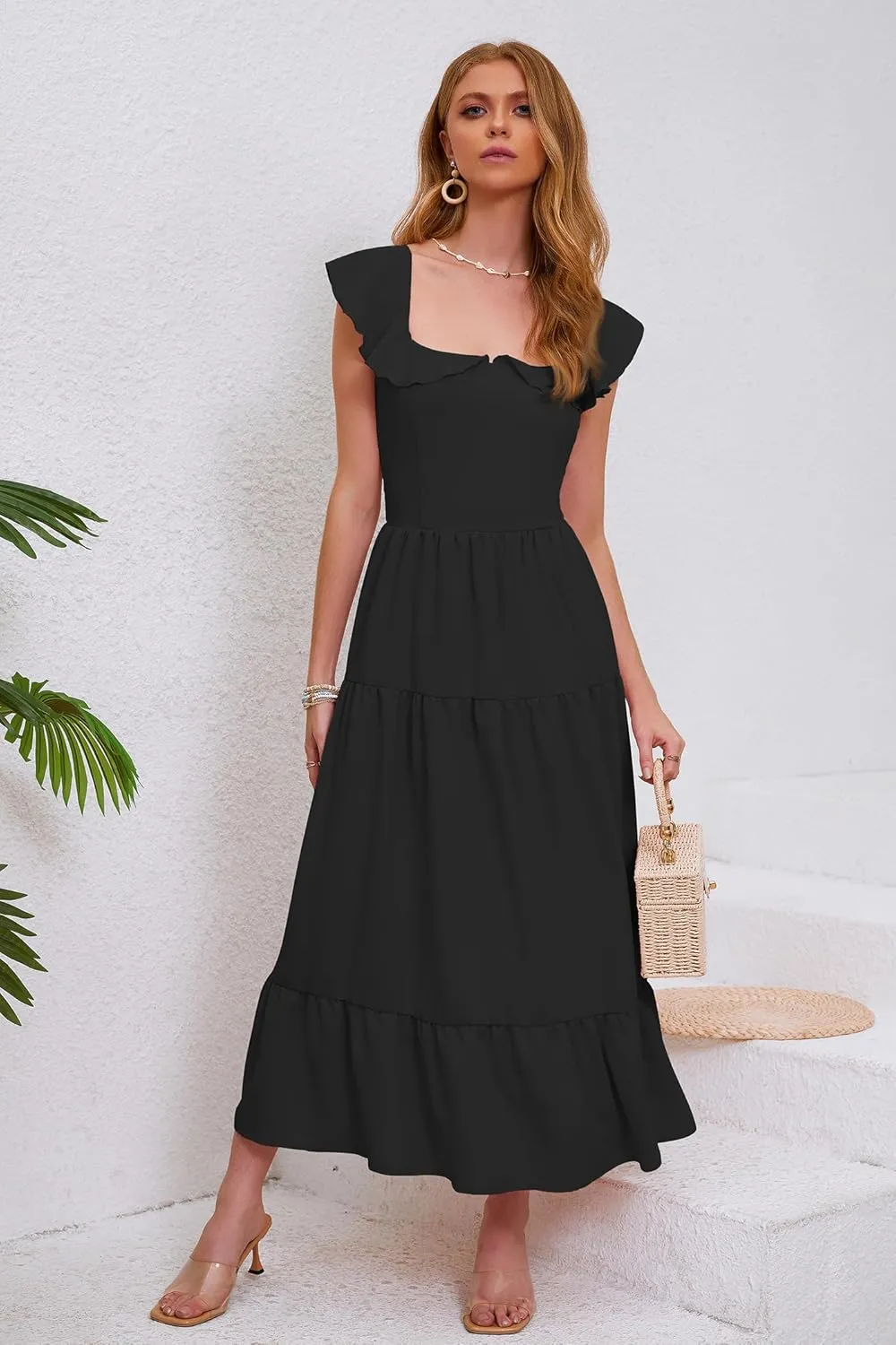 Women's Summer Sleeveless Ruffle Dresses 2024 Square Neck Smocked Backless Boho Flowy Beach A-Line Maxi Sundress