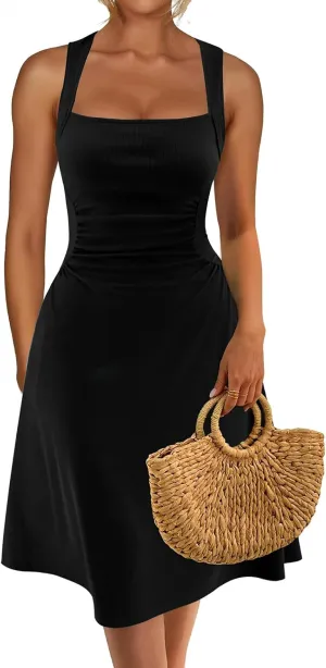 Womens Summer Sleeveless Square Neck Flare A Line Swing Midi Tea Party Sun Dresses