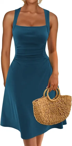 Womens Summer Sleeveless Square Neck Flare A Line Swing Midi Tea Party Sun Dresses