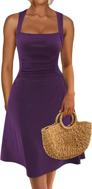 Womens Summer Sleeveless Square Neck Flare A Line Swing Midi Tea Party Sun Dresses