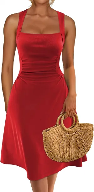 Womens Summer Sleeveless Square Neck Flare A Line Swing Midi Tea Party Sun Dresses
