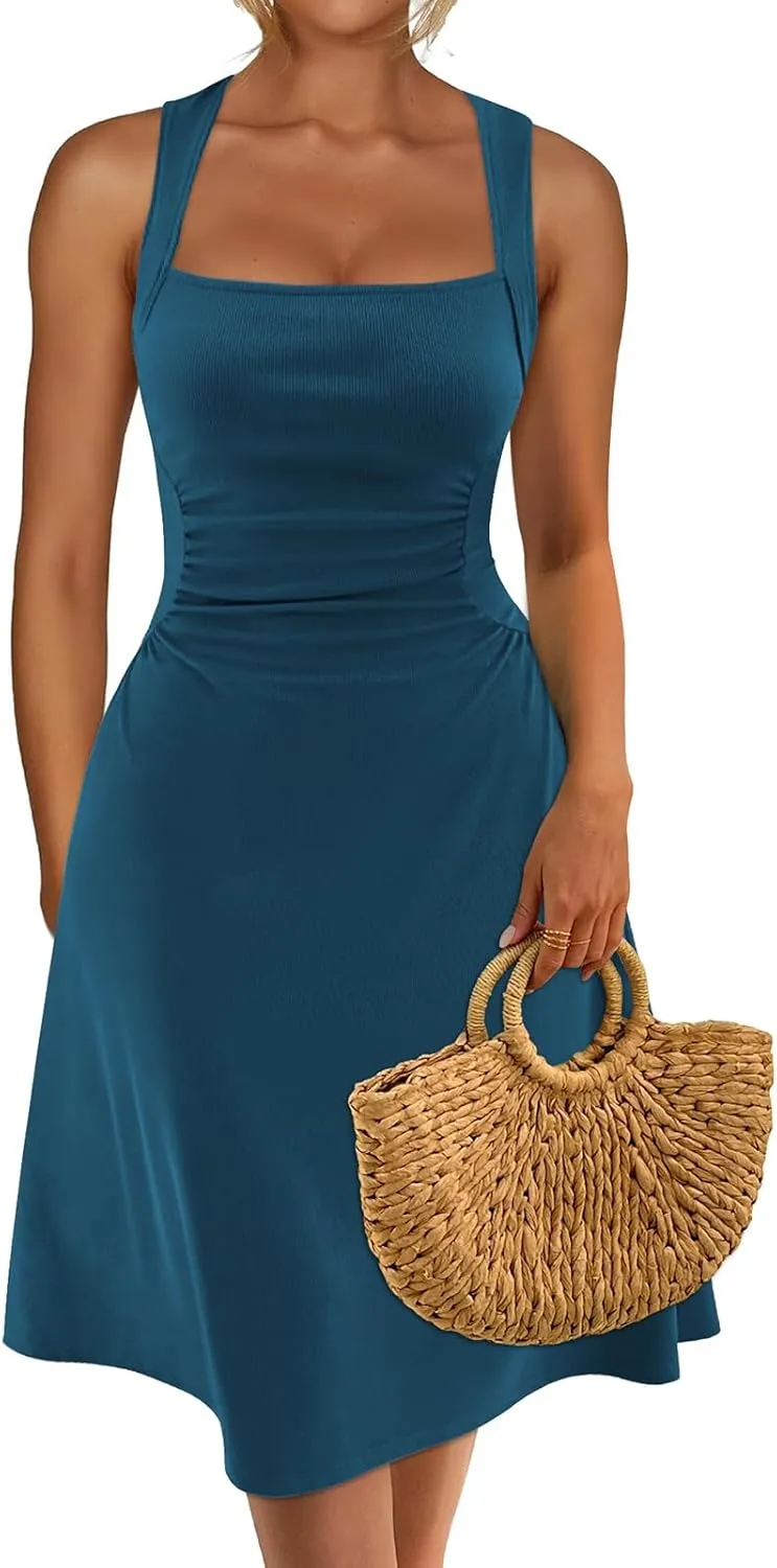 Womens Summer Sleeveless Square Neck Flare A Line Swing Midi Tea Party Sun Dresses