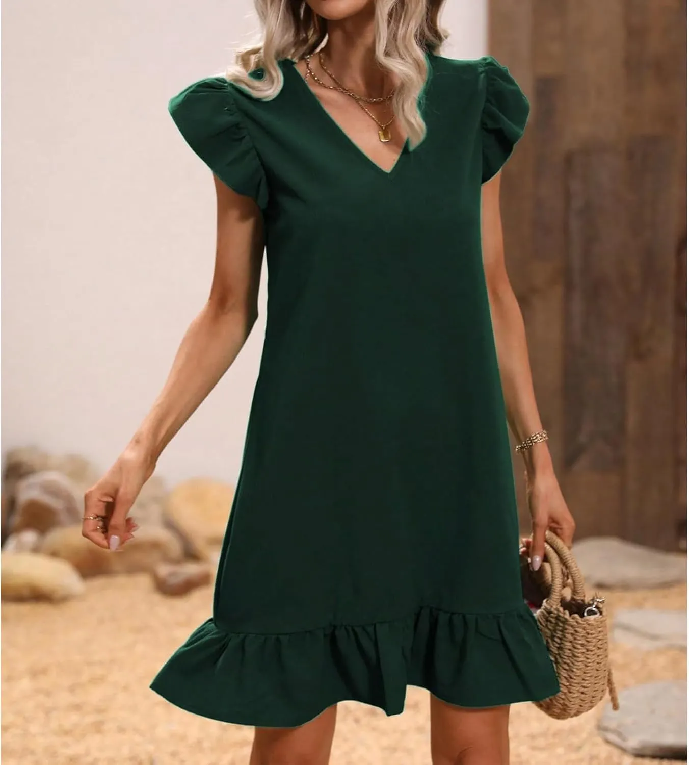 Womens Summer Sundress V-Neck Ruffle Cap Short Sleeve Mini Dresses Solid Casual Beach Sun Dress for Women