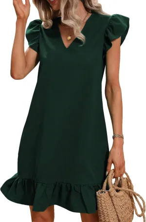 Womens Summer Sundress V-Neck Ruffle Cap Short Sleeve Mini Dresses Solid Casual Beach Sun Dress for Women
