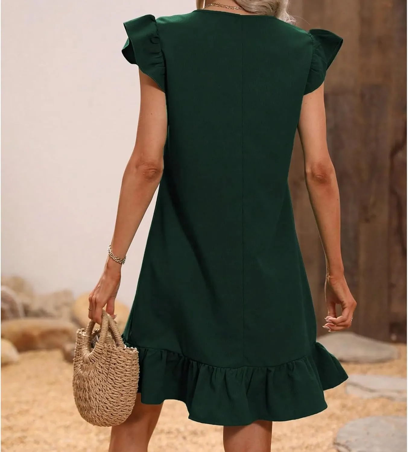 Womens Summer Sundress V-Neck Ruffle Cap Short Sleeve Mini Dresses Solid Casual Beach Sun Dress for Women