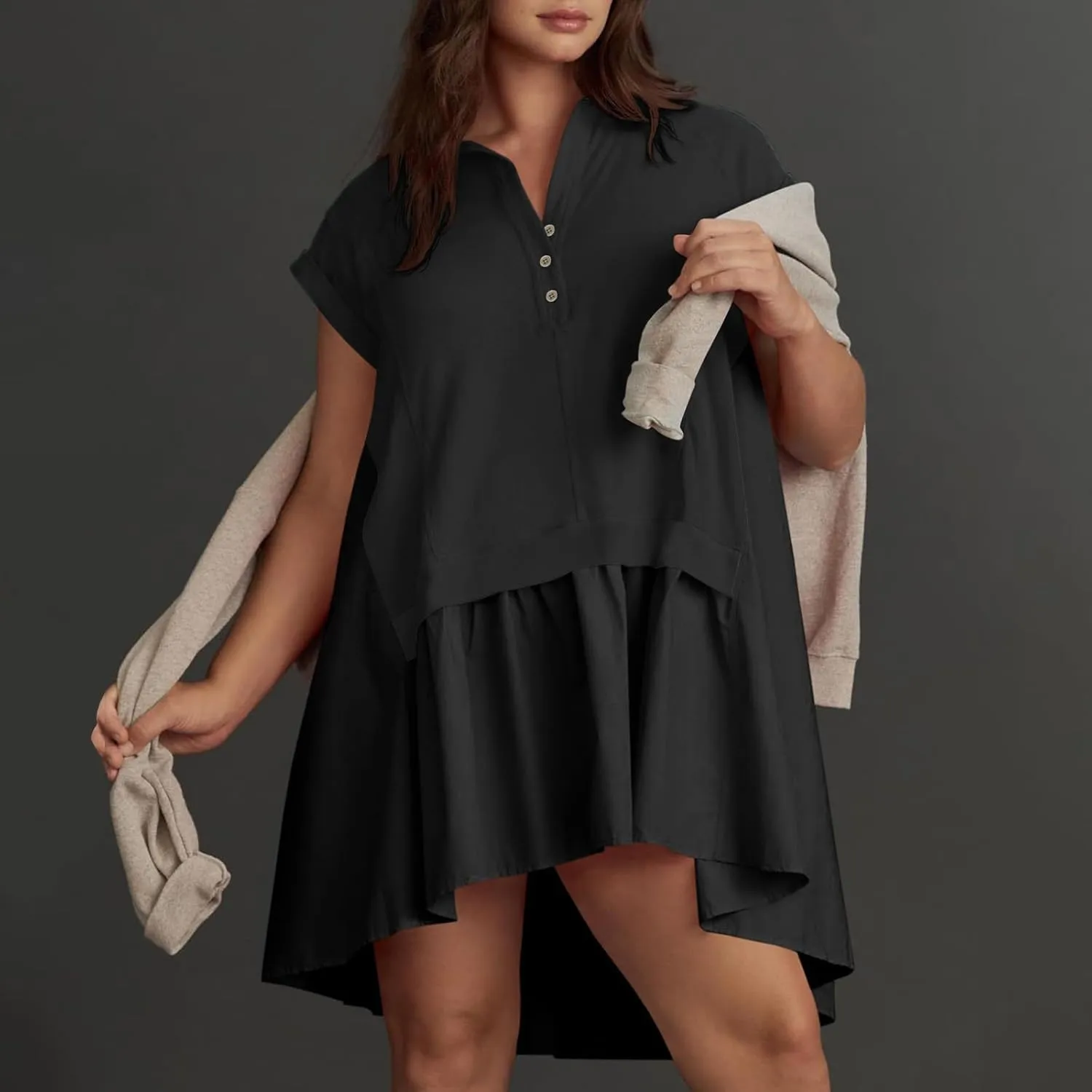 Womens Summer Sweatshirt Dresses Short Sleeve V Neck Casual Oversized Patchwork Mini Dresses Loose Fit Golf Short Dress