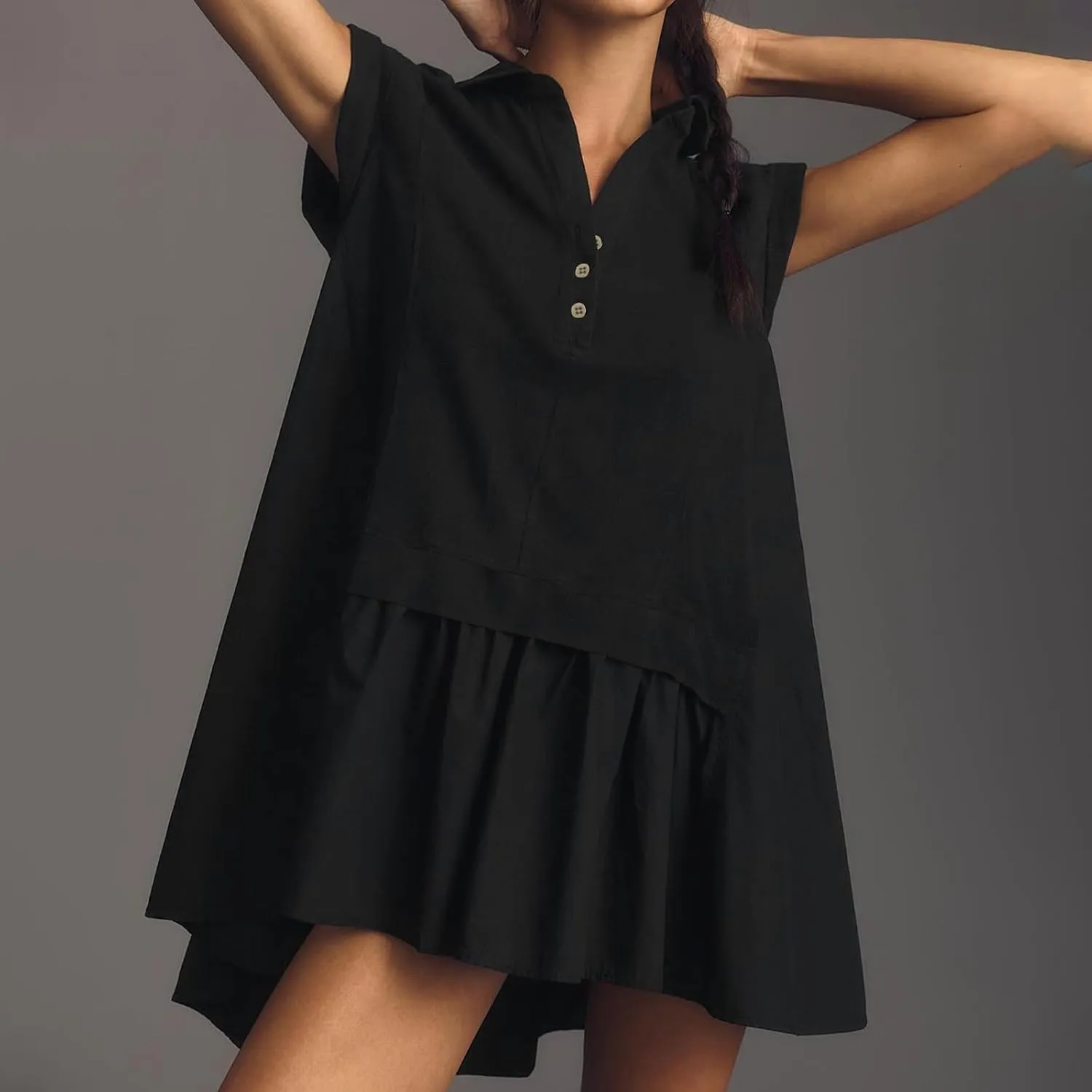 Womens Summer Sweatshirt Dresses Short Sleeve V Neck Casual Oversized Patchwork Mini Dresses Loose Fit Golf Short Dress