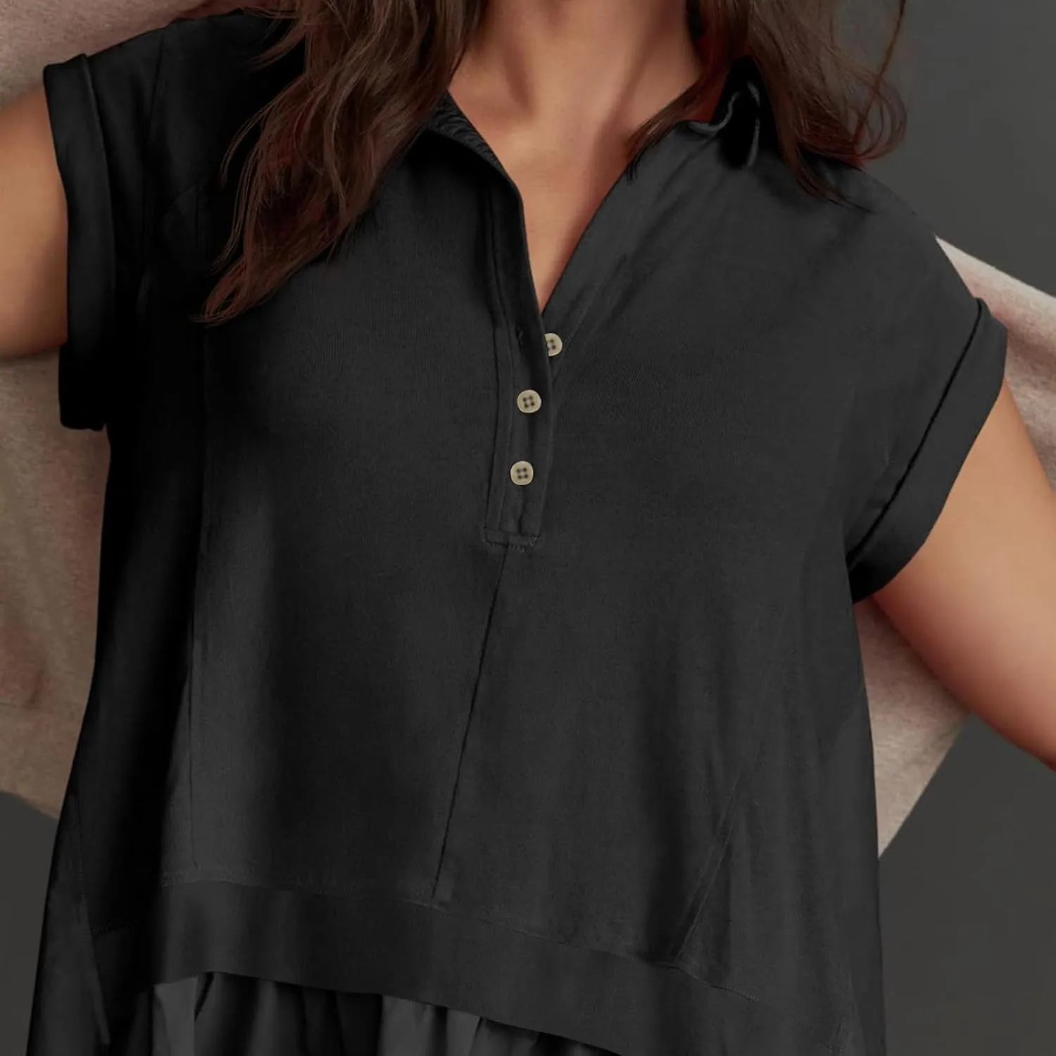 Womens Summer Sweatshirt Dresses Short Sleeve V Neck Casual Oversized Patchwork Mini Dresses Loose Fit Golf Short Dress