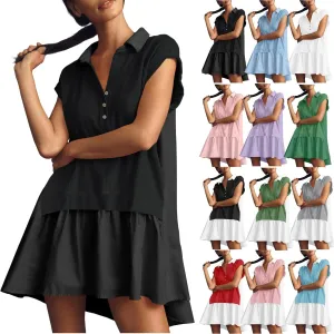 Womens Summer Sweatshirt Dresses Short Sleeve V Neck Casual Oversized Patchwork Mini Dresses Loose Fit Golf Short Dress