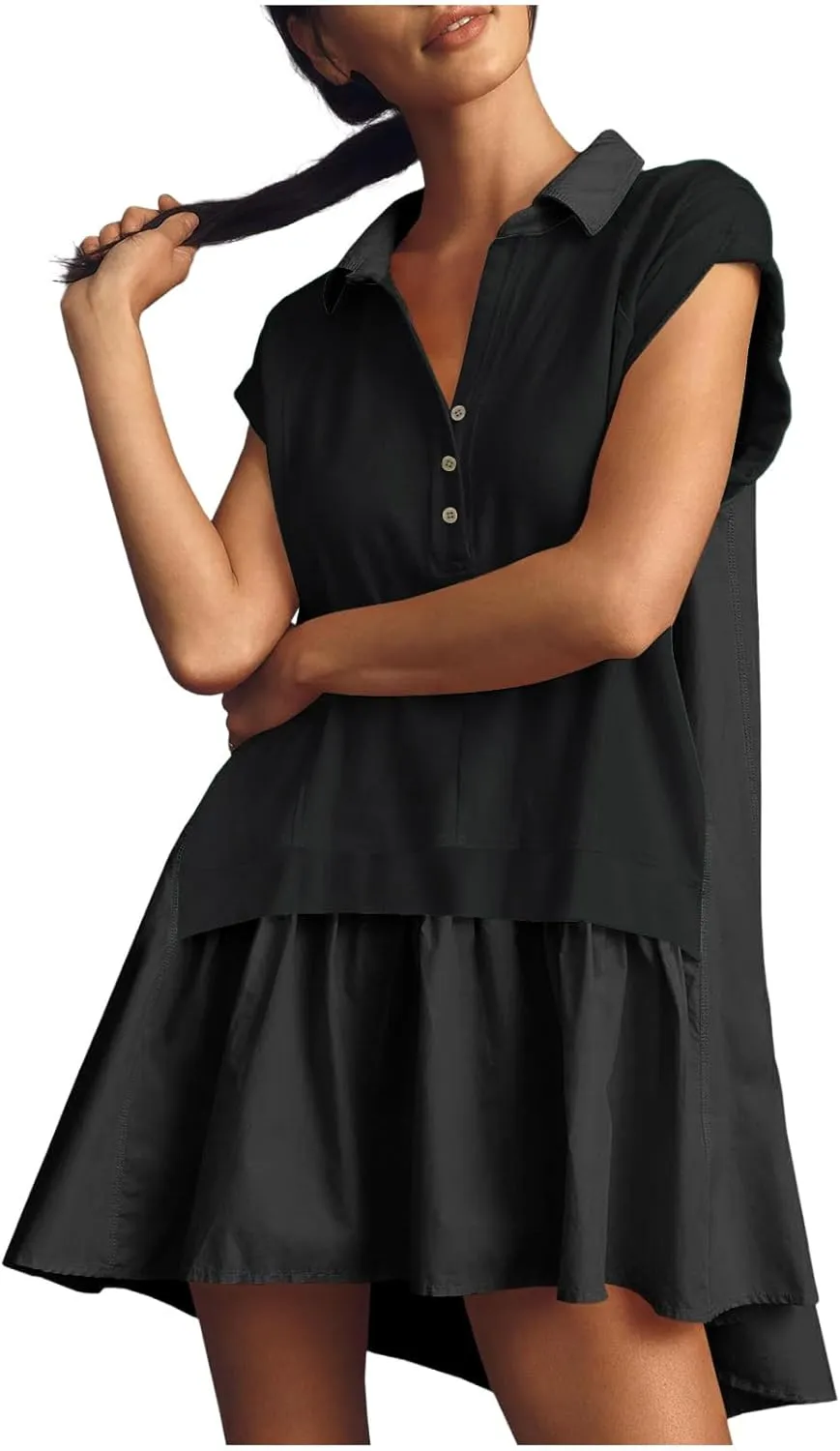 Womens Summer Sweatshirt Dresses Short Sleeve V Neck Casual Oversized Patchwork Mini Dresses Loose Fit Golf Short Dress