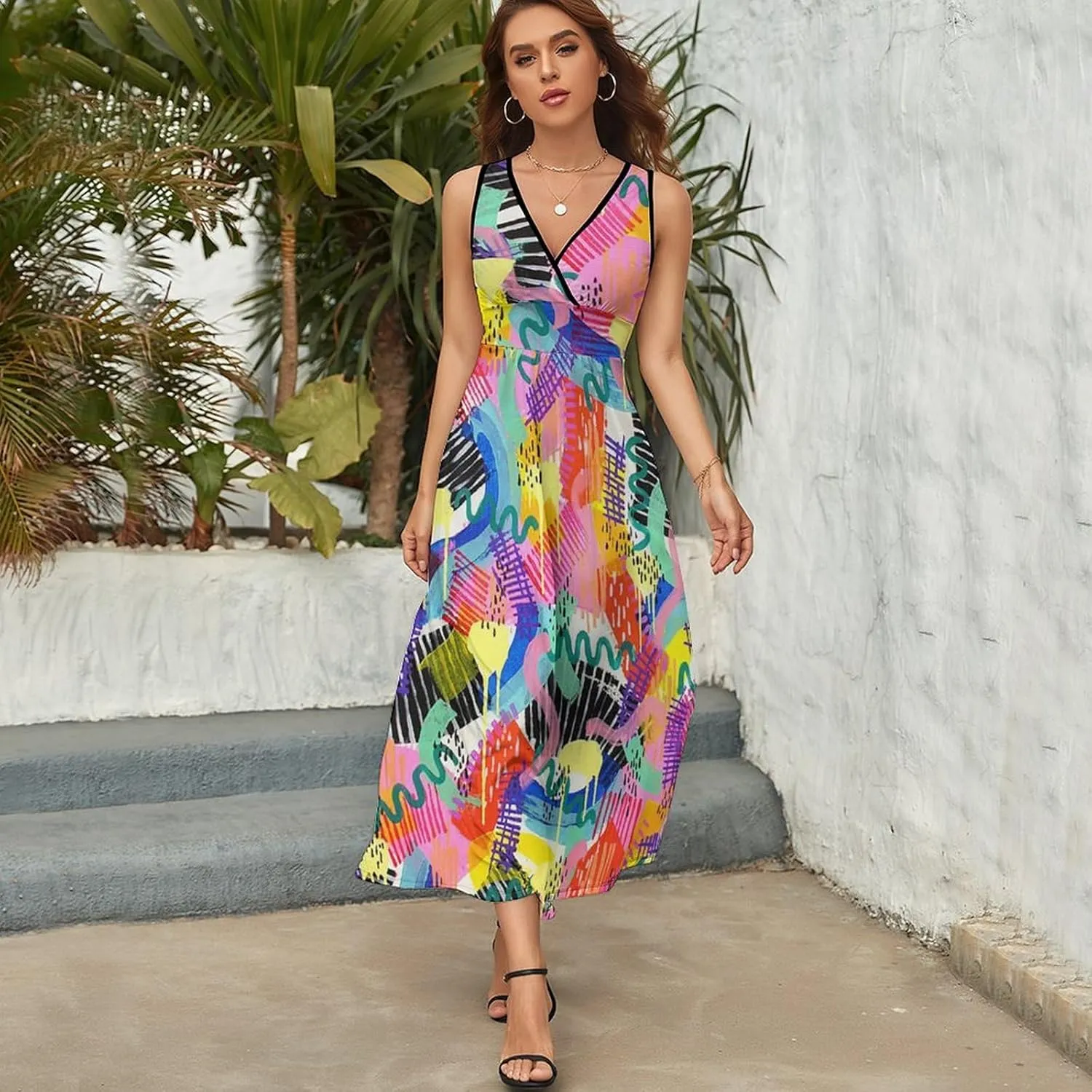 Women's Summer V Neck Sleeveless Flower Maxi Sundress Casual Flowy Beach Tank Dress