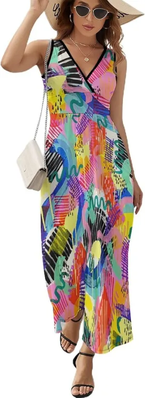 Women's Summer V Neck Sleeveless Flower Maxi Sundress Casual Flowy Beach Tank Dress