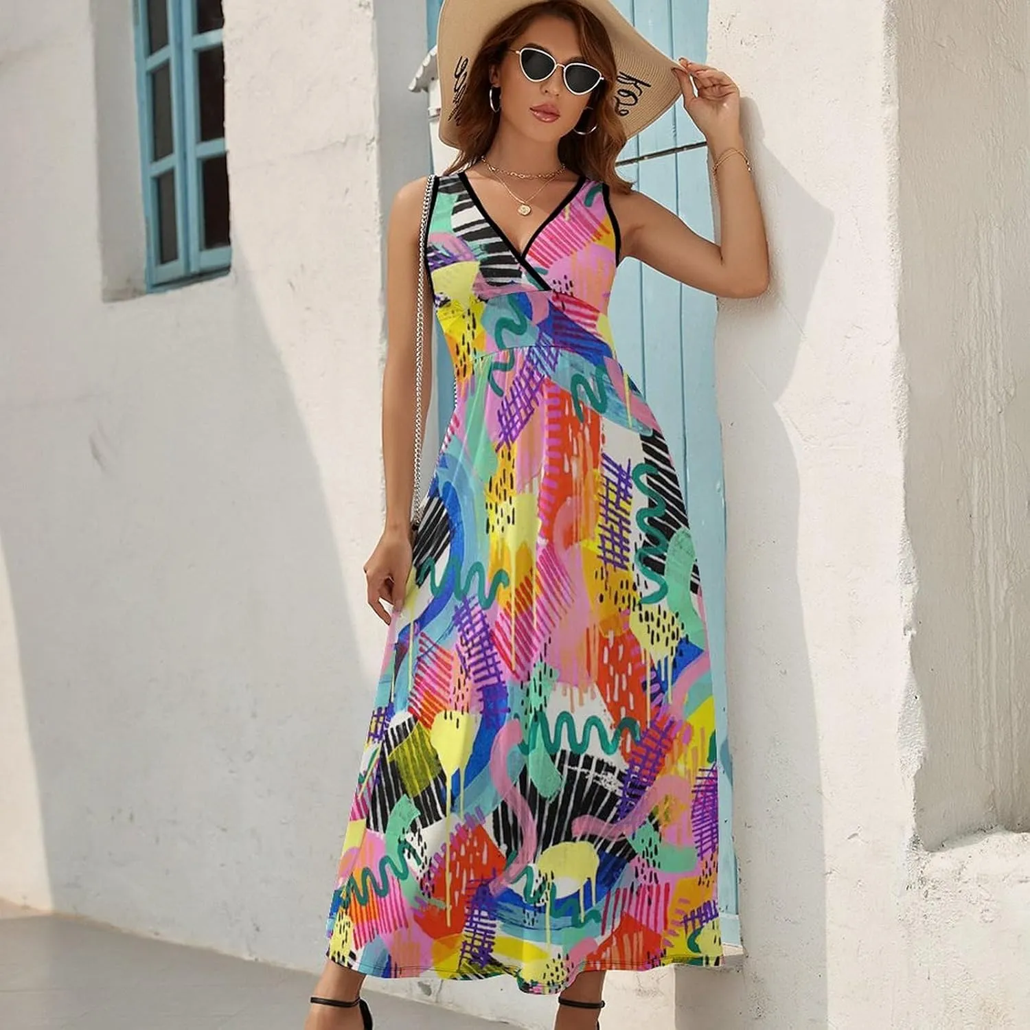 Women's Summer V Neck Sleeveless Flower Maxi Sundress Casual Flowy Beach Tank Dress
