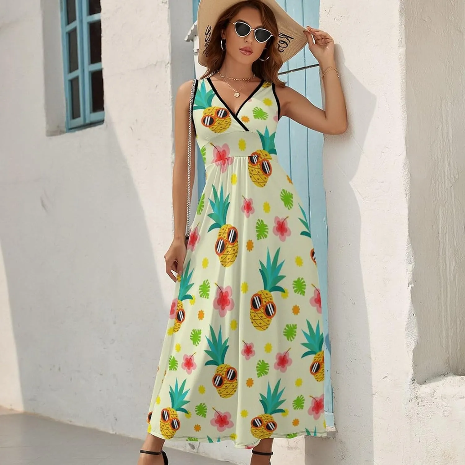 Women's Summer V Neck Sleeveless Octopus Maxi Sundress Casual Flowy Beach Tank Dress