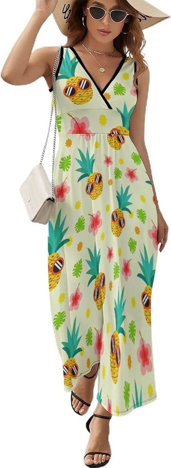 Women's Summer V Neck Sleeveless Octopus Maxi Sundress Casual Flowy Beach Tank Dress