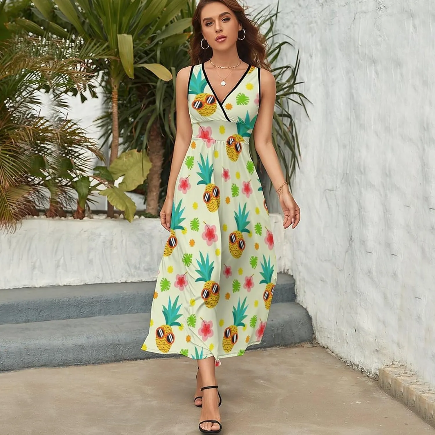 Women's Summer V Neck Sleeveless Octopus Maxi Sundress Casual Flowy Beach Tank Dress
