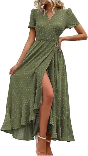 Women's Summer Wrap Maxi Dress Casual Boho Floral V Neck Short Sleeve Ruffle Hem Split Beach Long Dress Casual