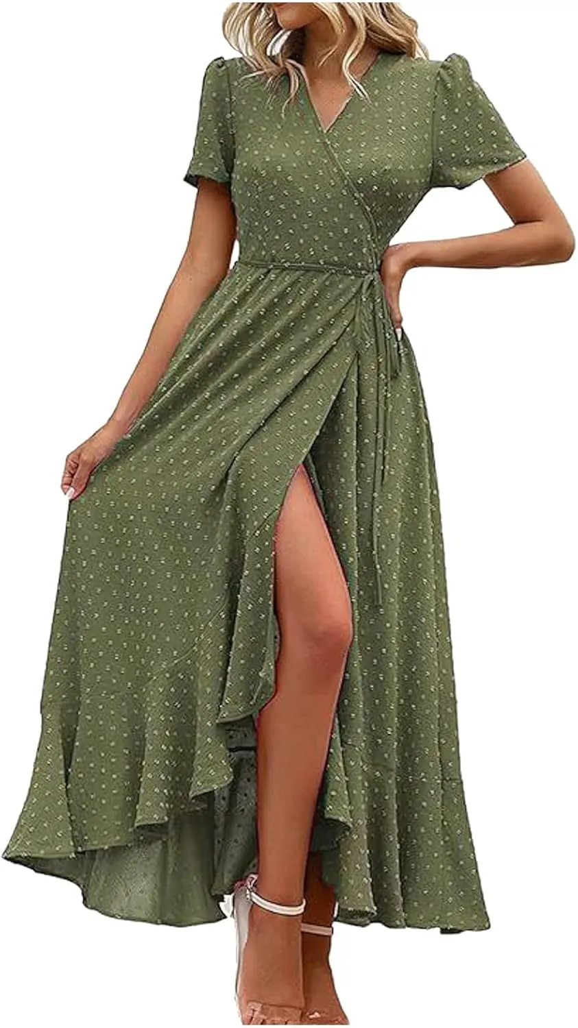 Women's Summer Wrap Maxi Dress Casual Boho Floral V Neck Short Sleeve Ruffle Hem Split Beach Long Dress Casual