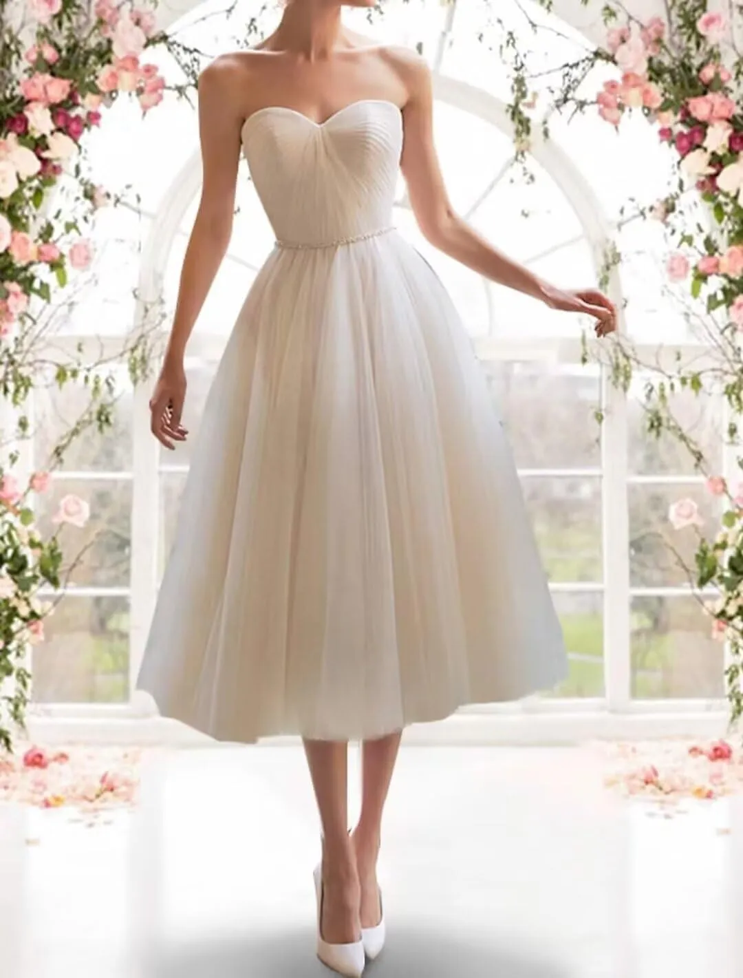 Women's Tea Length Wedding Dress for Bride Simple A Line Midi Courthouse Wedding Dresses