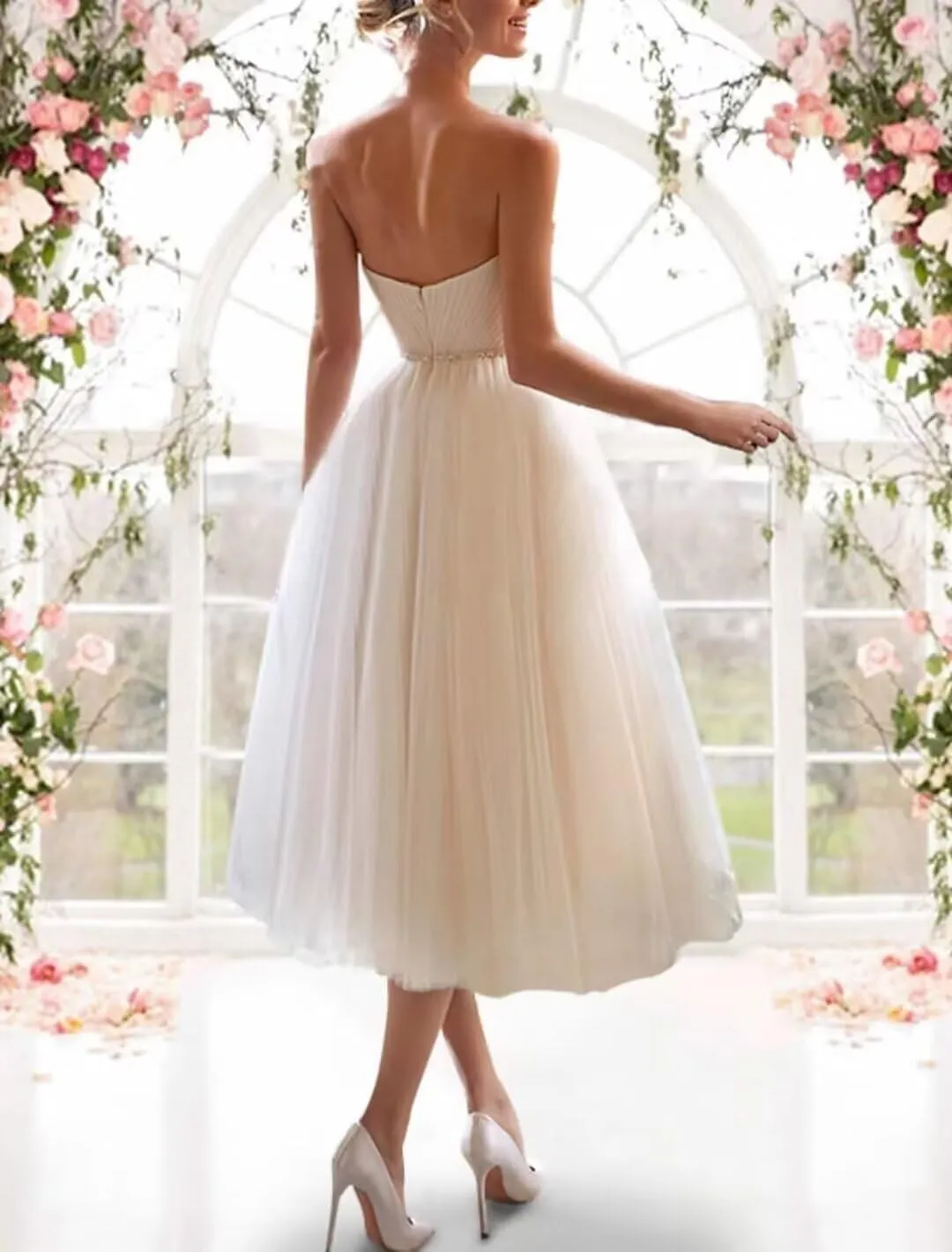 Women's Tea Length Wedding Dress for Bride Simple A Line Midi Courthouse Wedding Dresses