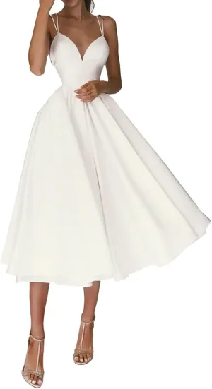 Women's Tea Length Wedding Dresses for Bride Satin Simple A Line Midi Formal Bridal Dress for Women