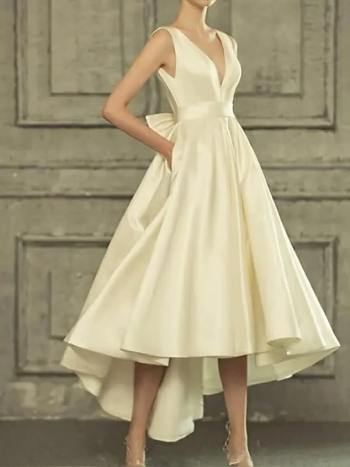 Women's Tea Length Wedding Dresses for Bride Satin Simple A Line Midi Formal Bridal Dress for Women