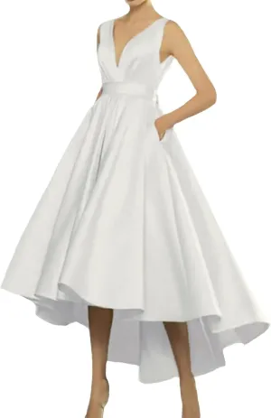 Women's Tea Length Wedding Dresses for Bride Satin Simple A Line Midi Formal Bridal Dress for Women